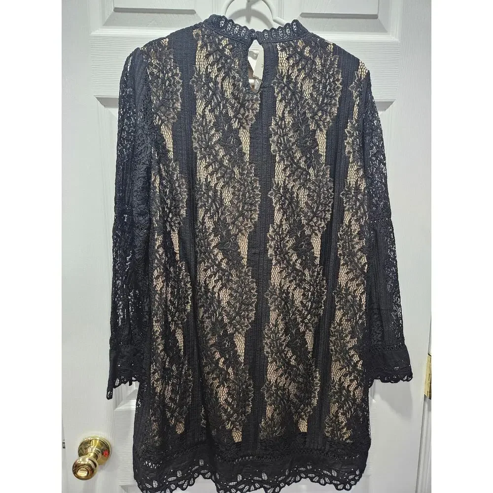 Lumie Black Lace Sheer Dress Nude Lining Gothic Romantic Long Sleeve Size L NWT - Picture 4 of 11